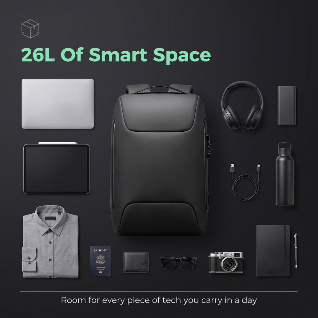 STRYDE 26L capacity flat lay with laptop, tablet, headphones and daily carry