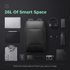 STRYDE 26L capacity flat lay with laptop, tablet, headphones and daily carry