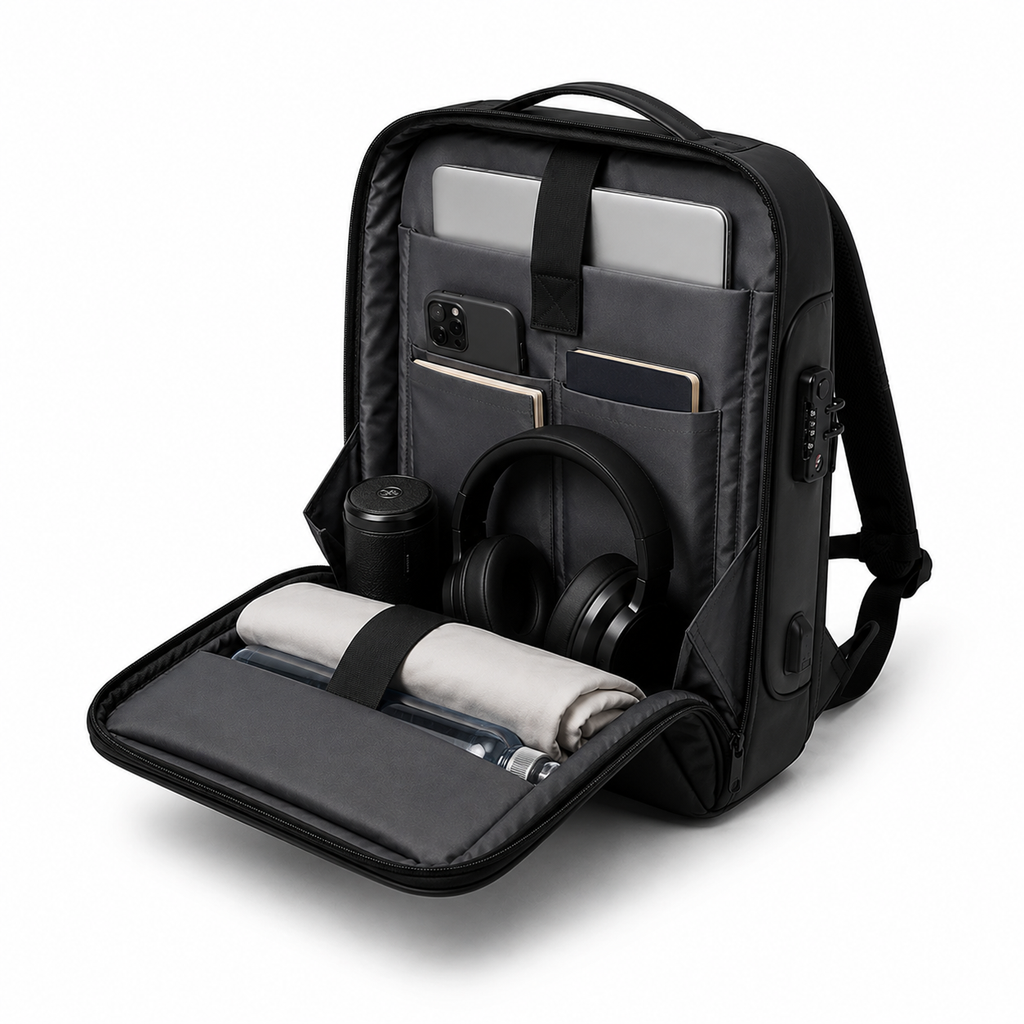 STRYDE backpack packed with laptop, tablet, headphones