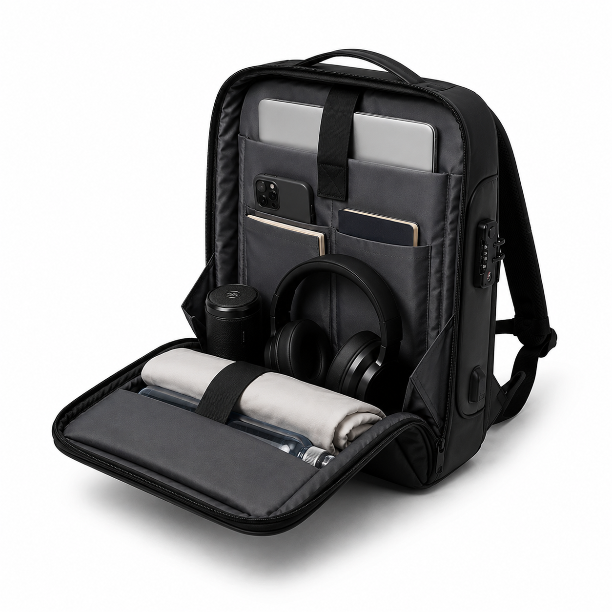 STRYDE backpack packed with laptop, tablet, headphones