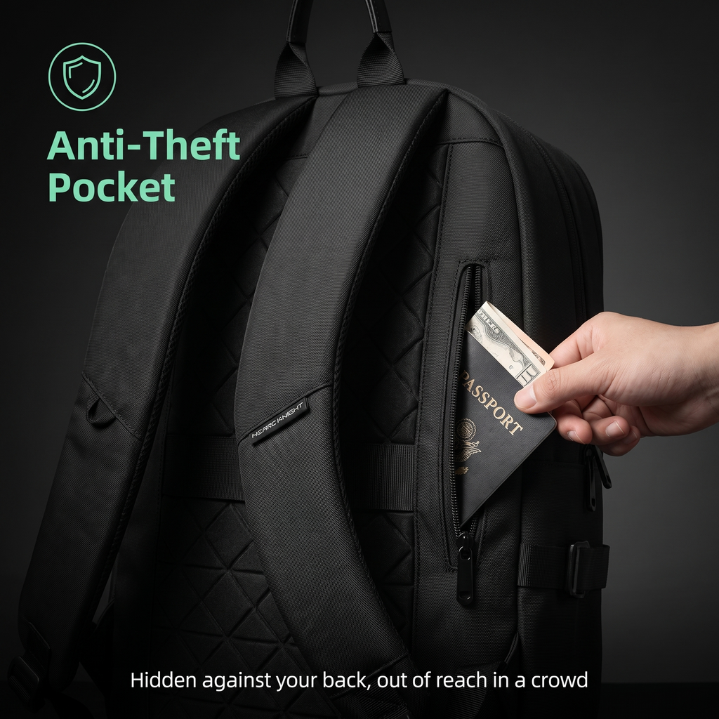 STRYDE Voyager hidden anti-theft pocket against the back panel holding a passport