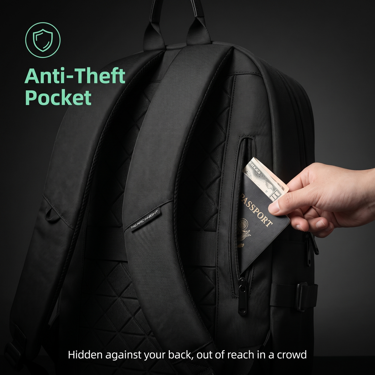 STRYDE Voyager hidden anti-theft pocket against the back panel holding a passport