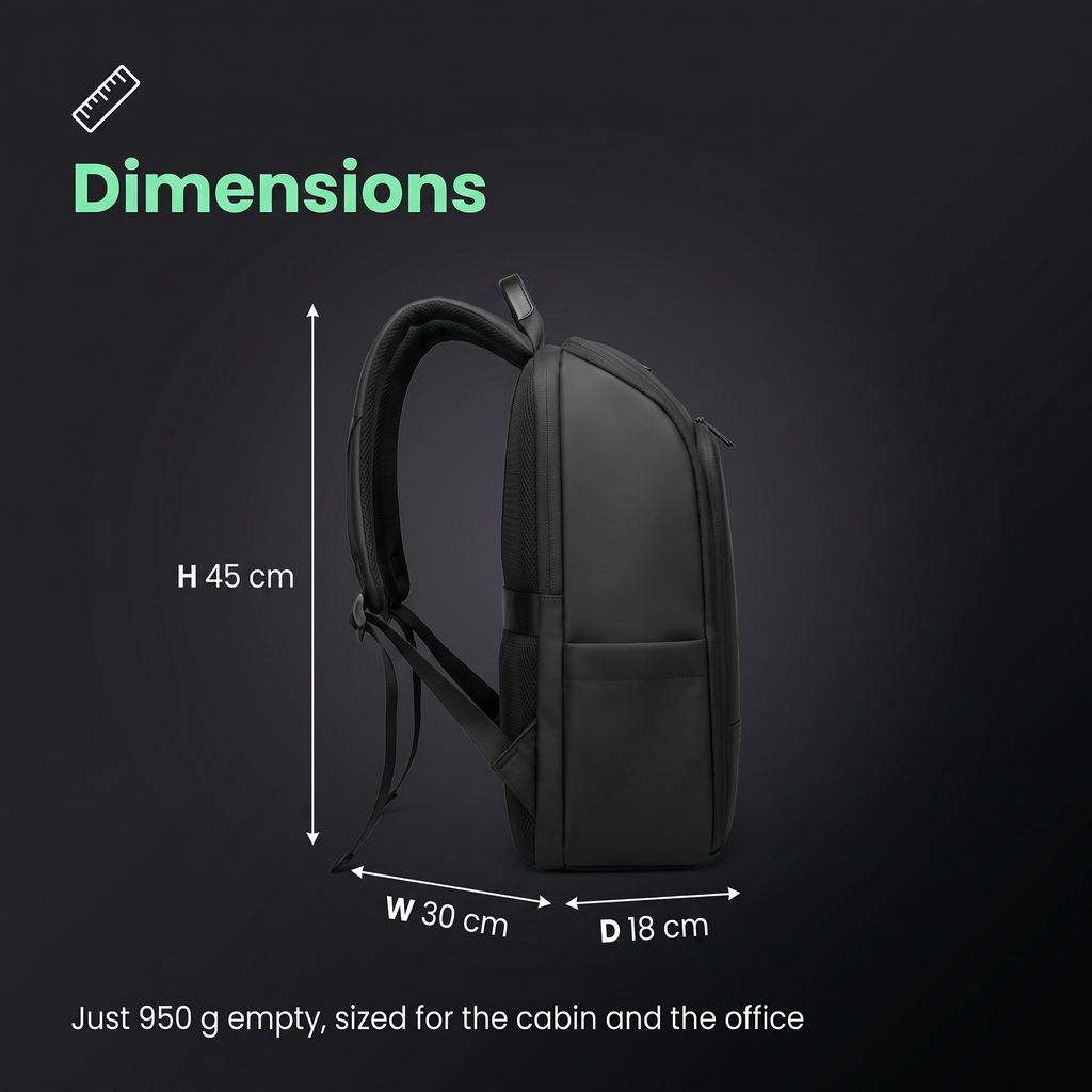 STRYDE Voyager dimensions, 45cm high, 30cm wide, 18cm deep, 950 grams